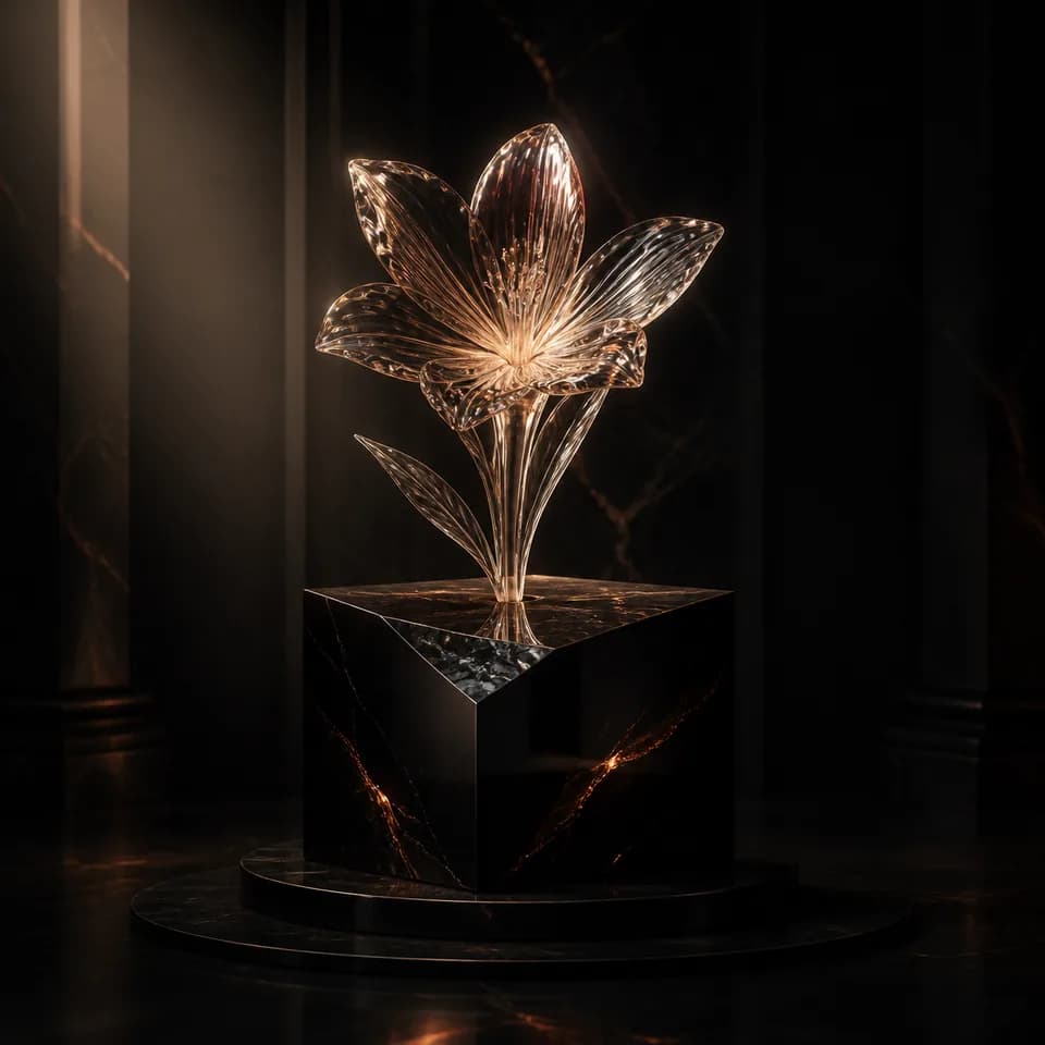 Original demonstration artwork: a glass flower on an obsidian pedestal